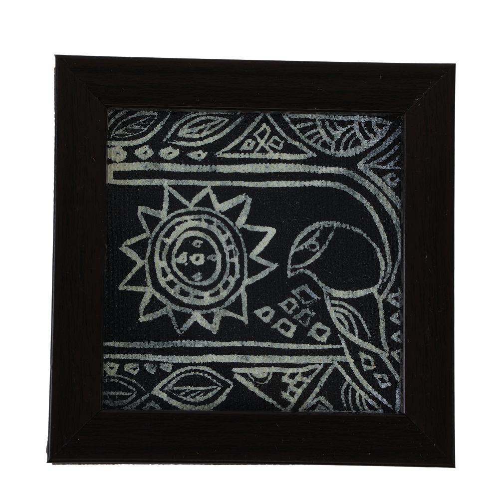 INDHA Bird Design Hand Block Printed Reprocessed Wood Glass Coasters |Black Dupion Silk |Wooden Table Decor | Set Of 2 Glass Coaster | Gifting | Corporate Gifting | Handcrafted Décor |Living Room Utility