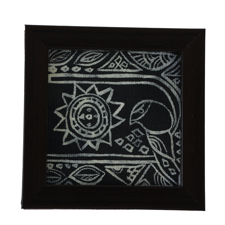 INDHA Bird Design Hand Block Printed Reprocessed Wood Glass Coasters |Black Dupion Silk |Wooden Table Decor | Set Of 2 Glass Coaster | Gifting | Corporate Gifting | Handcrafted Décor |Living Room Utility