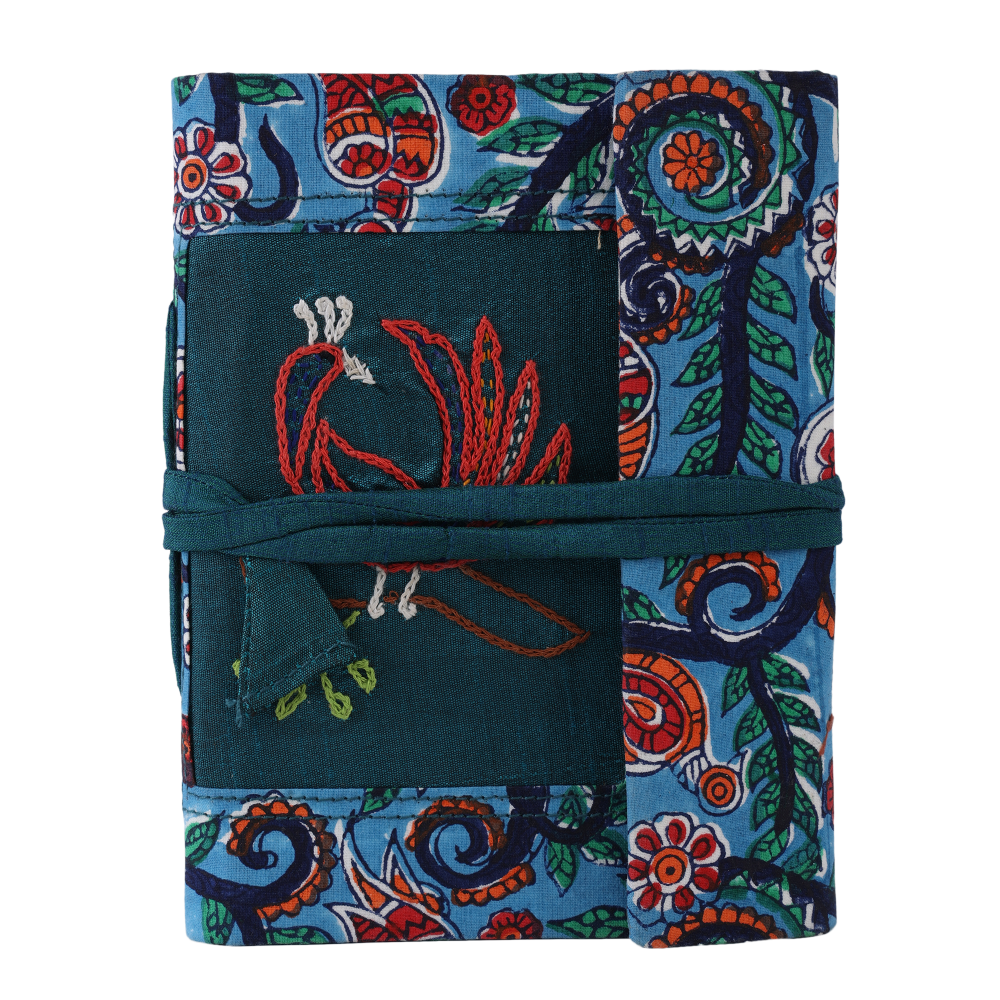 Indha Handcrafted Recycled-Paper Patchwork Diary | Handmade Journal | 5.0 X 7.0 Inches Diary |Colorful cotton patchwork Diary | Eco Friendly | Peacock Embroidery | 50 Pages