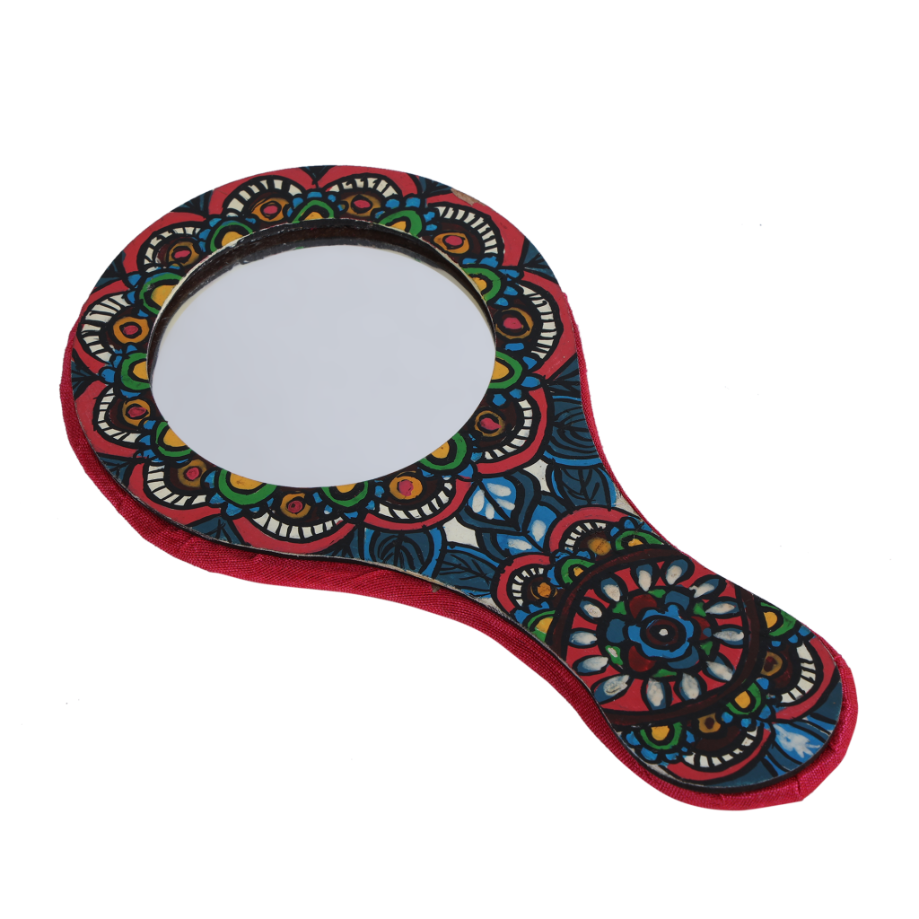 Indha Handcrafted Round Hand Held Mirror |Hand Block Printed Hand | Makeup |Travelling |Salon Mirror | Decorative Mirror |Wedding Gift