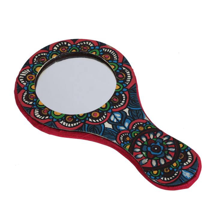 Indha Handcrafted Round Hand Held Mirror |Hand Block Printed Hand | Makeup |Travelling |Salon Mirror | Decorative Mirror |Wedding Gift