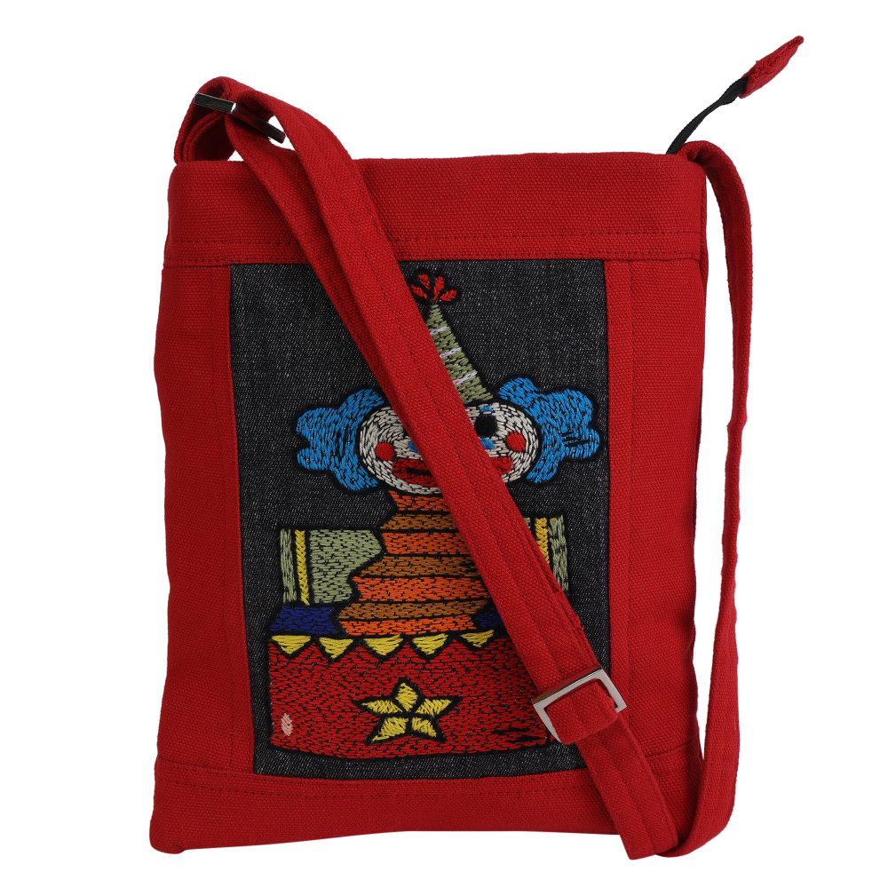 Indha Hand-embroidered Sling bag |Memorable Clown Motif |Red Canvas &amp; Black Denim |9 to 12 Year Old|Young Trend Setter |Weekend Outing Bag