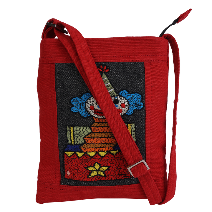Indha Hand-embroidered Sling bag |Memorable Clown Motif |Red Canvas &amp; Black Denim |9 to 12 Year Old|Young Trend Setter |Weekend Outing Bag
