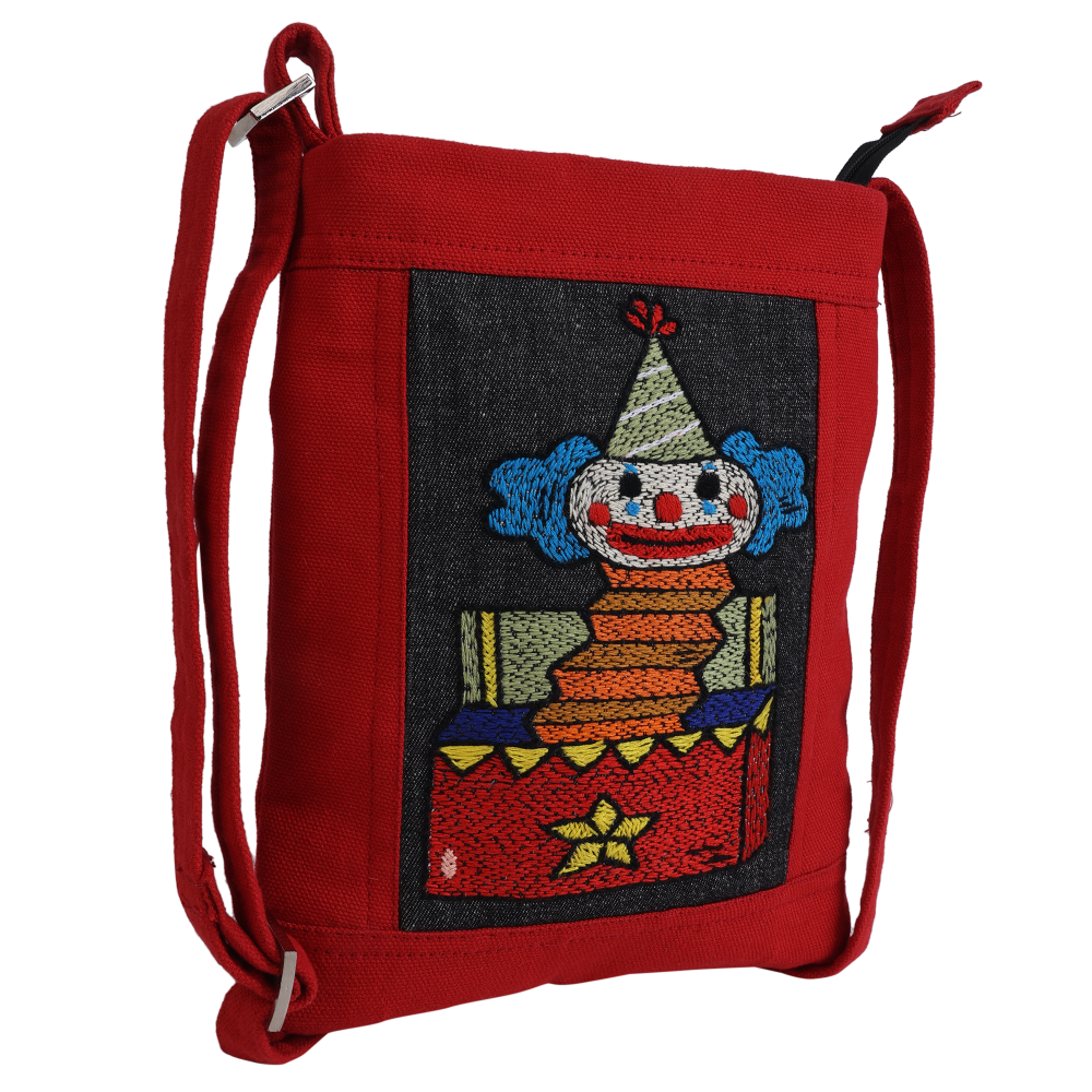 Indha Hand-embroidered Sling bag |Memorable Clown Motif |Red Canvas &amp; Black Denim |9 to 12 Year Old|Young Trend Setter |Weekend Outing Bag