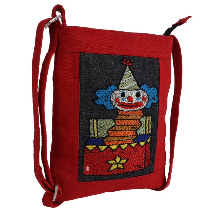 Indha Hand-embroidered Sling bag |Memorable Clown Motif |Red Canvas &amp; Black Denim |9 to 12 Year Old|Young Trend Setter |Weekend Outing Bag