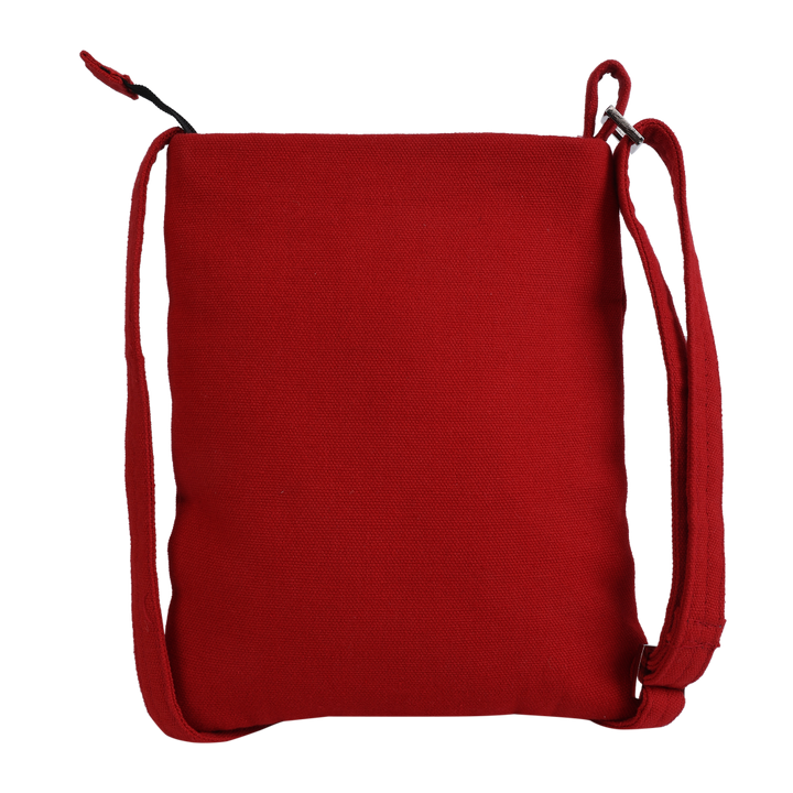 Indha Hand-embroidered Sling bag |Memorable Clown Motif |Red Canvas &amp; Black Denim |9 to 12 Year Old|Young Trend Setter |Weekend Outing Bag