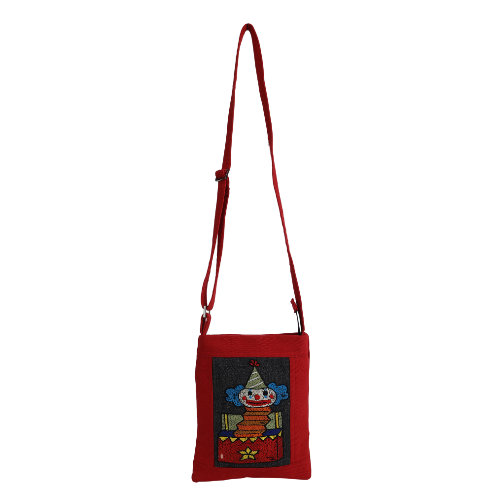 Indha Hand-embroidered Sling bag |Memorable Clown Motif |Red Canvas &amp; Black Denim |9 to 12 Year Old|Young Trend Setter |Weekend Outing Bag