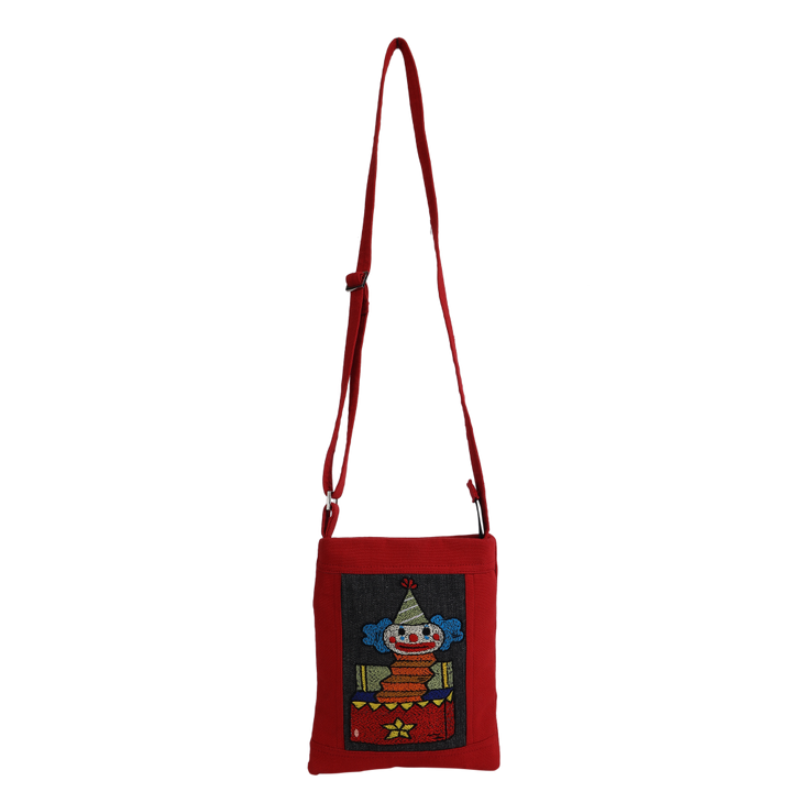 Indha Hand-embroidered Sling bag |Memorable Clown Motif |Red Canvas &amp; Black Denim |9 to 12 Year Old|Young Trend Setter |Weekend Outing Bag