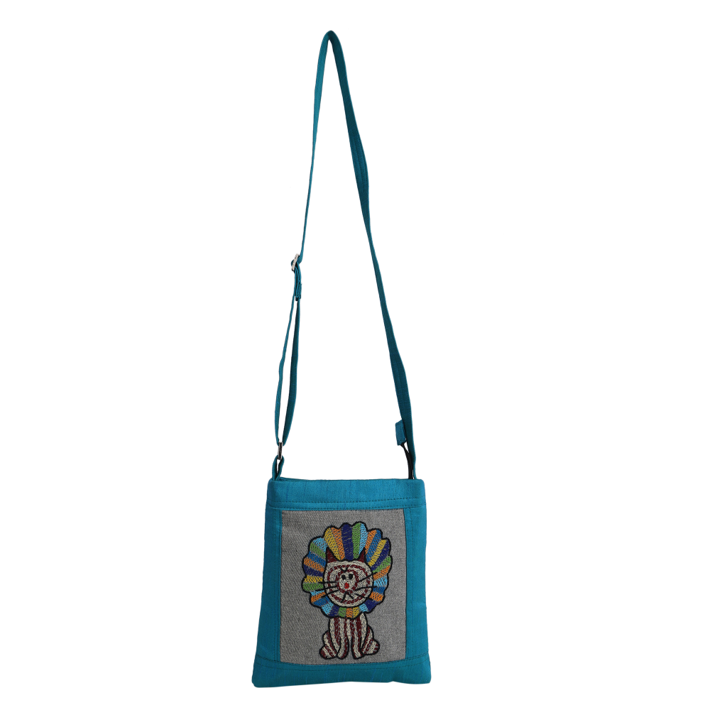 Indha Hand-embroidered sling bag | Cute Lion King|Blue Silk Dupion Cloth Bag|9 to 12 Year old Youngster|Handcrafted |Weekend Outing Bag