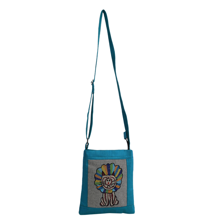 Indha Hand-embroidered sling bag | Cute Lion King|Blue Silk Dupion Cloth Bag|9 to 12 Year old Youngster|Handcrafted |Weekend Outing Bag