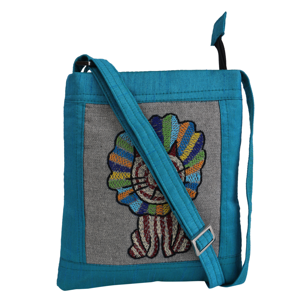 Indha Hand-embroidered sling bag | Cute Lion King|Blue Silk Dupion Cloth Bag|9 to 12 Year old Youngster|Handcrafted |Weekend Outing Bag