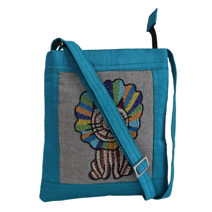 Indha Hand-embroidered sling bag | Cute Lion King|Blue Silk Dupion Cloth Bag|9 to 12 Year old Youngster|Handcrafted |Weekend Outing Bag