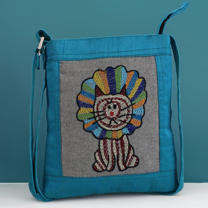 Indha Hand-embroidered sling bag | Cute Lion King|Blue Silk Dupion Cloth Bag|9 to 12 Year old Youngster|Handcrafted |Weekend Outing Bag