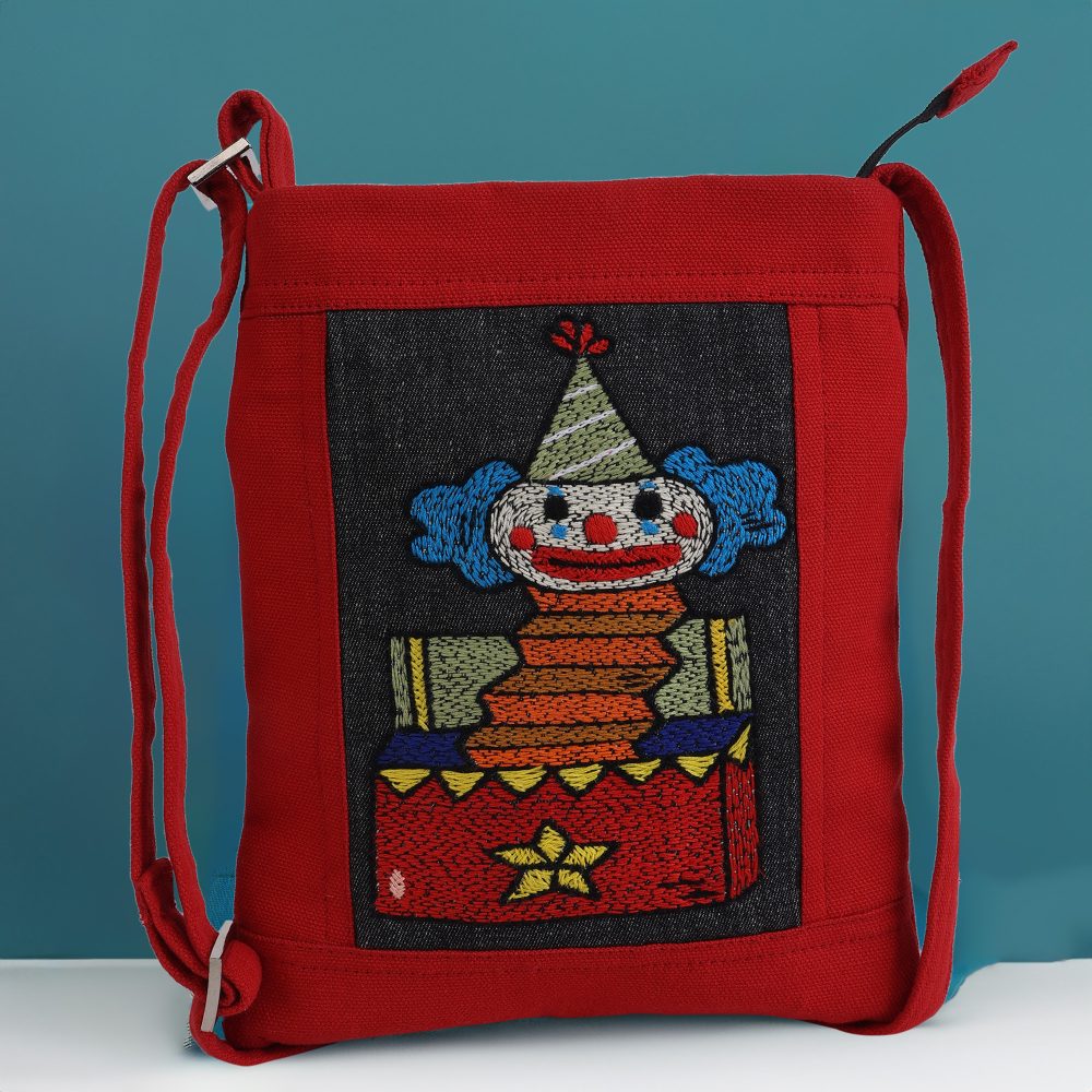 Indha Hand-embroidered Sling bag |Memorable Clown Motif |Red Canvas &amp; Black Denim |9 to 12 Year Old|Young Trend Setter |Weekend Outing Bag