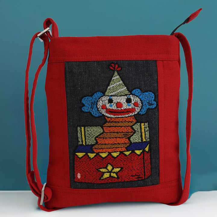 Indha Hand-embroidered Sling bag |Memorable Clown Motif |Red Canvas &amp; Black Denim |9 to 12 Year Old|Young Trend Setter |Weekend Outing Bag