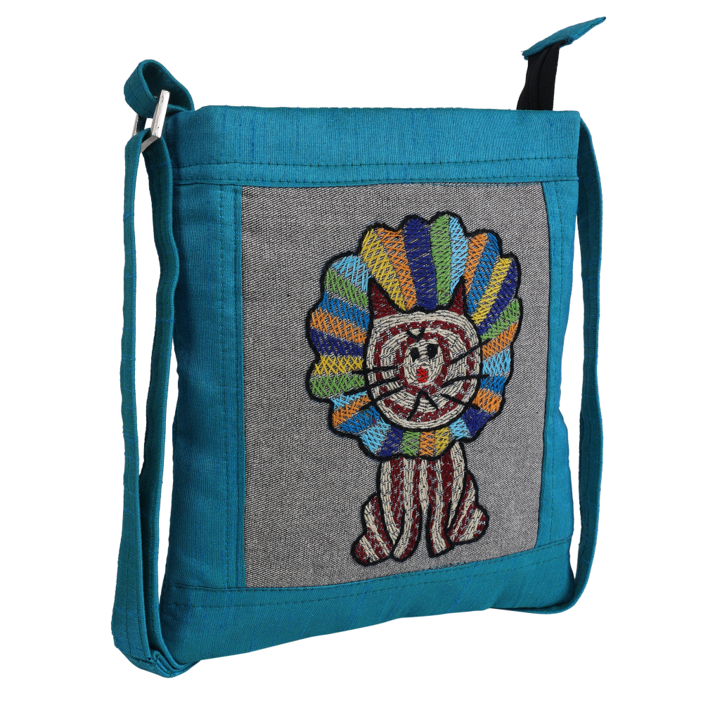 Indha Hand-embroidered sling bag | Cute Lion King|Blue Silk Dupion Cloth Bag|9 to 12 Year old Youngster|Handcrafted |Weekend Outing Bag