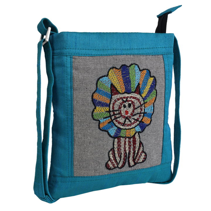 Indha Hand-embroidered sling bag | Cute Lion King|Blue Silk Dupion Cloth Bag|9 to 12 Year old Youngster|Handcrafted |Weekend Outing Bag