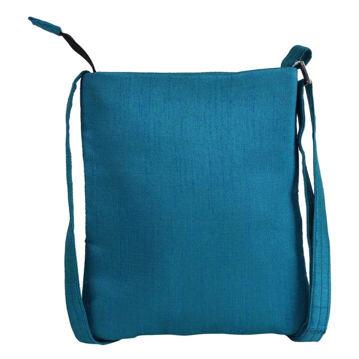 Indha Hand-embroidered sling bag | Cute Lion King|Blue Silk Dupion Cloth Bag|9 to 12 Year old Youngster|Handcrafted |Weekend Outing Bag