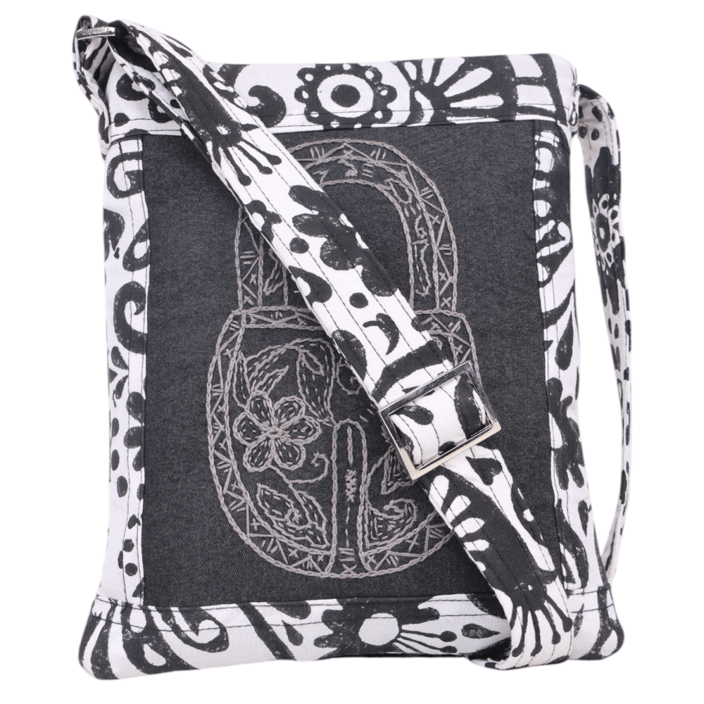 Indha Hand Embroidered Crossbody Black &amp; White Lock Motif Sling Bag