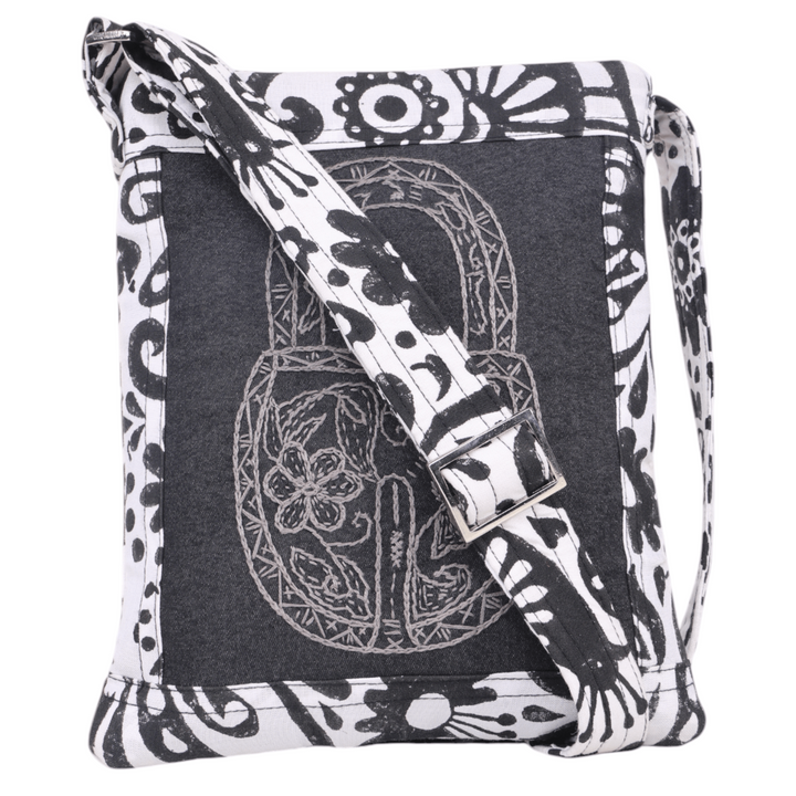 Indha Hand Embroidered Crossbody Black &amp; White Lock Motif Sling Bag
