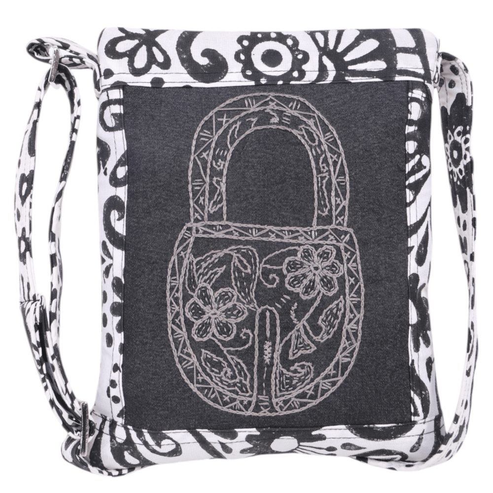 Indha Hand Embroidered Crossbody Black &amp; White Lock Motif Sling Bag