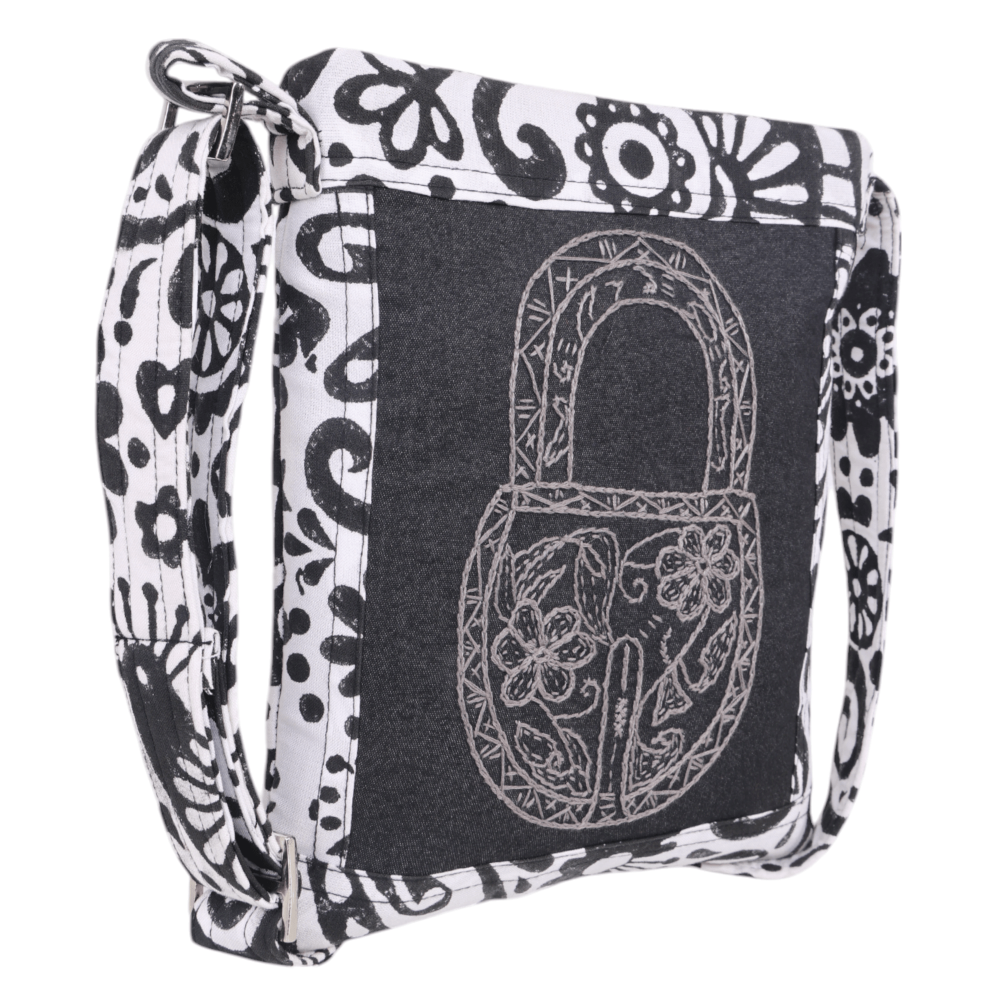 Indha Hand Embroidered Crossbody Black &amp; White Lock Motif Sling Bag
