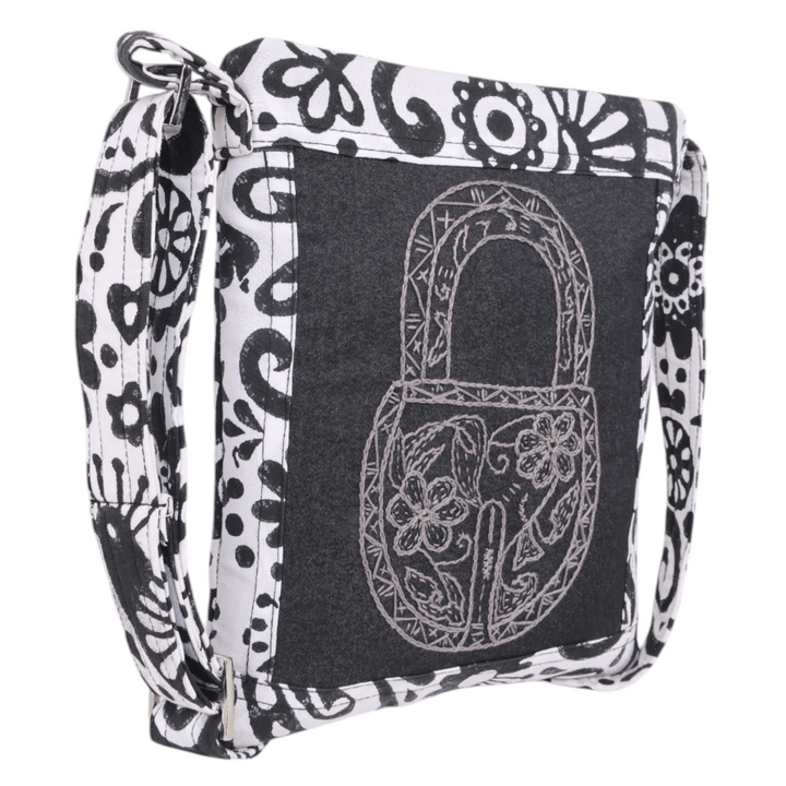 Indha Hand Embroidered Crossbody Black &amp; White Lock Motif Sling Bag