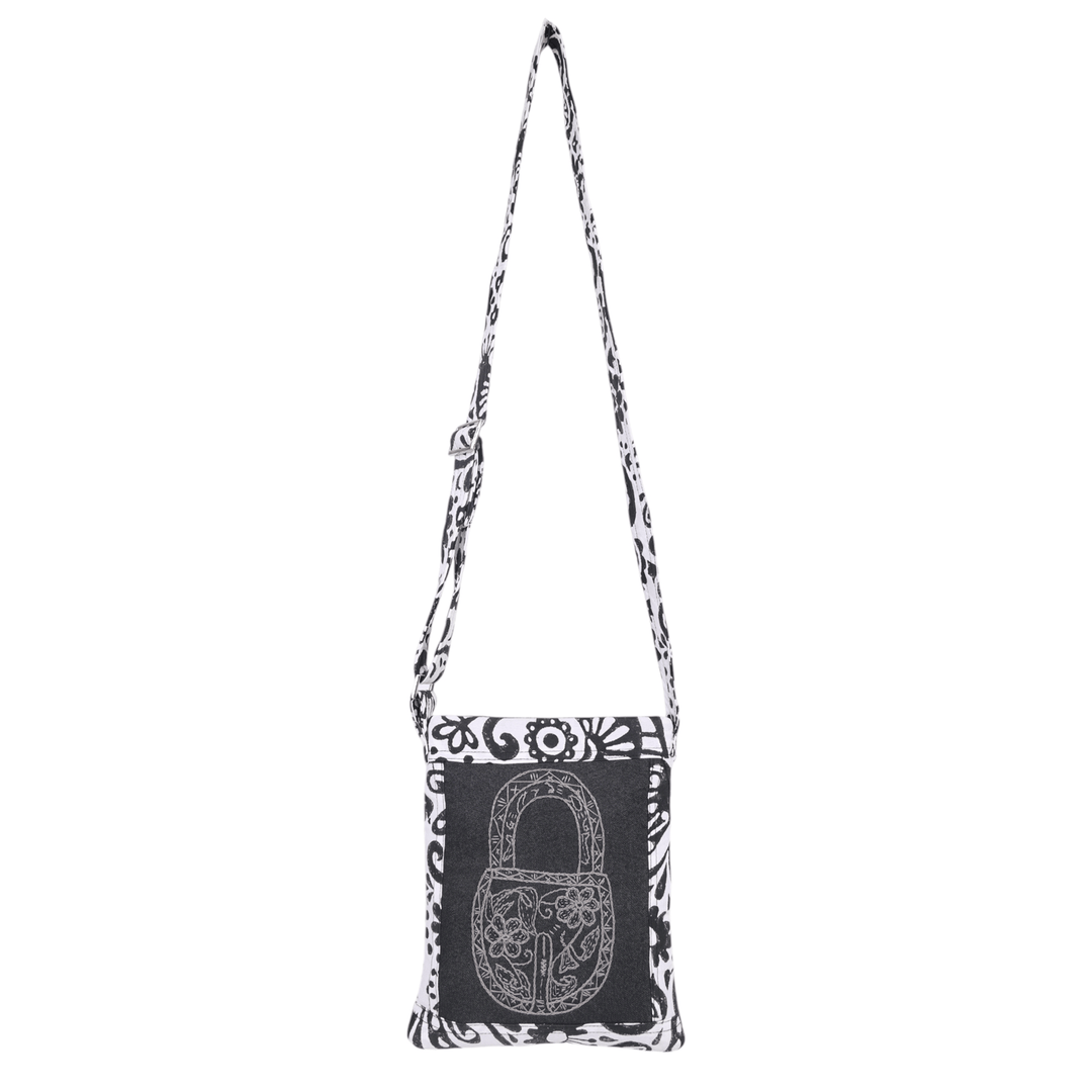 Indha Hand Embroidered Crossbody Black &amp; White Lock Motif Sling Bag