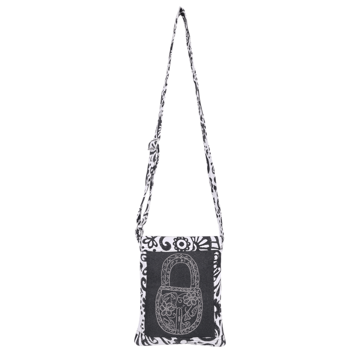 Indha Hand Embroidered Crossbody Black &amp; White Lock Motif Sling Bag