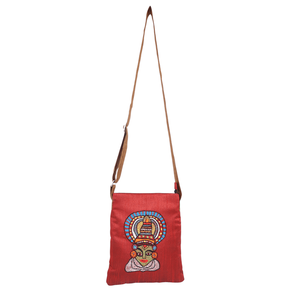 Indha Hand Embroidered Red Color Kathakali Face Embroidery Women's Sling Bag
