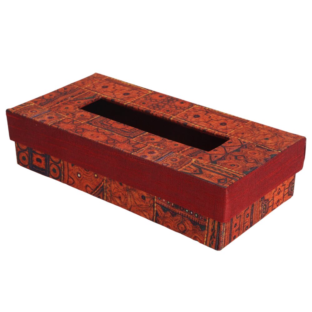 Indha Tissue Box | Handcrafted Tissue Box Orange &amp; Red | Orange and Red Dupion Silk Tissue Box | Black Indian Ethnic Traditional Design Pattern Digitally Printed | 50 Papers Tissue Box |