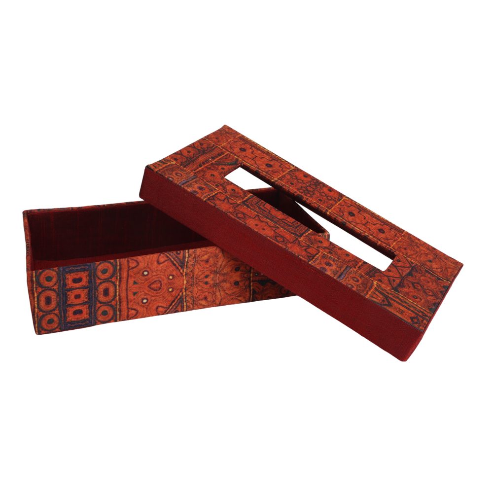 Indha Tissue Box | Handcrafted Tissue Box Orange &amp; Red | Orange and Red Dupion Silk Tissue Box | Black Indian Ethnic Traditional Design Pattern Digitally Printed | 50 Papers Tissue Box |