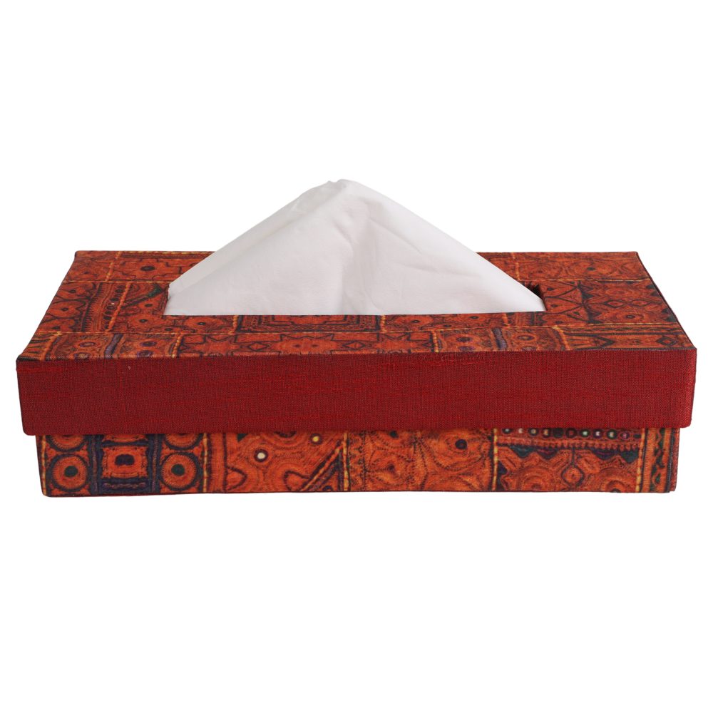 Indha Tissue Box | Handcrafted Tissue Box Orange &amp; Red | Orange and Red Dupion Silk Tissue Box | Black Indian Ethnic Traditional Design Pattern Digitally Printed | 50 Papers Tissue Box |