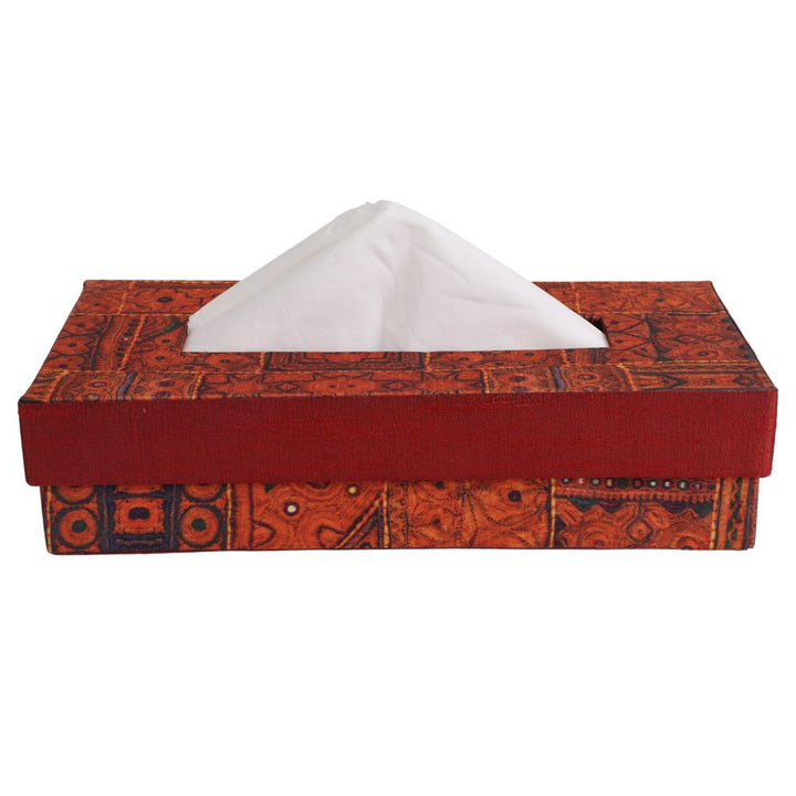 Indha Tissue Box | Handcrafted Tissue Box Orange &amp; Red | Orange and Red Dupion Silk Tissue Box | Black Indian Ethnic Traditional Design Pattern Digitally Printed | 50 Papers Tissue Box |