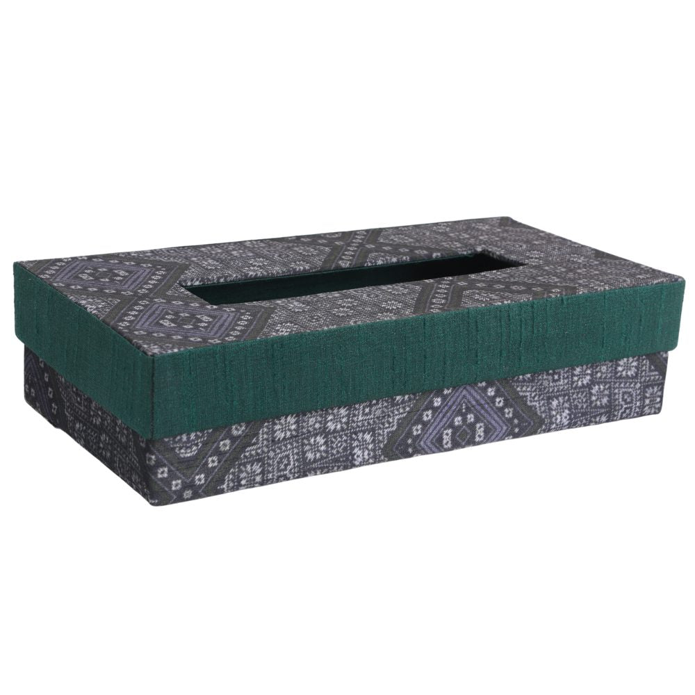 Indha Tissue Box | Handcrafted Tissue Box Black &amp; Grey | Black and Green Dupion Silk Tissue Box | Mild Grey Ethnic Geometric Pattern Design Digitally Printed | 50 Papers Tissue Box |