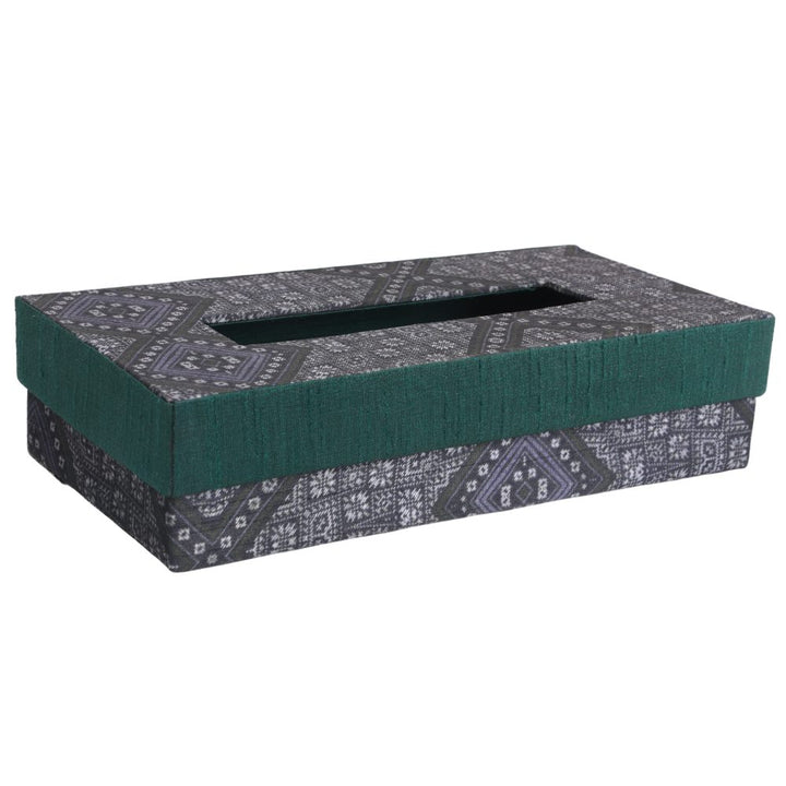 Indha Tissue Box | Handcrafted Tissue Box Black &amp; Grey | Black and Green Dupion Silk Tissue Box | Mild Grey Ethnic Geometric Pattern Design Digitally Printed | 50 Papers Tissue Box |