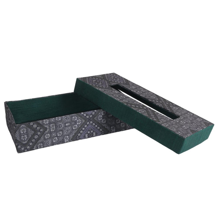 Indha Tissue Box | Handcrafted Tissue Box Black &amp; Grey | Black and Green Dupion Silk Tissue Box | Mild Grey Ethnic Geometric Pattern Design Digitally Printed | 50 Papers Tissue Box |