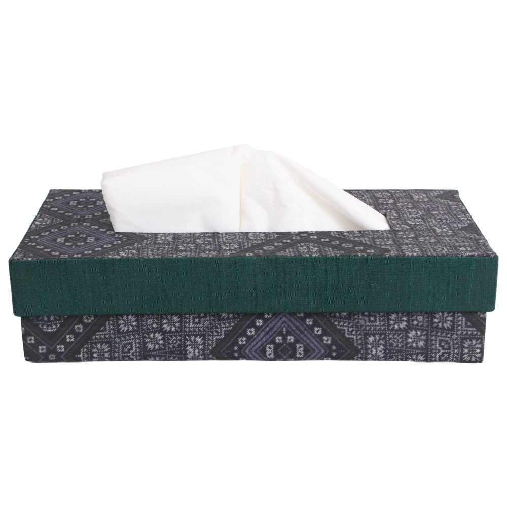 Indha Tissue Box | Handcrafted Tissue Box Black &amp; Grey | Black and Green Dupion Silk Tissue Box | Mild Grey Ethnic Geometric Pattern Design Digitally Printed | 50 Papers Tissue Box |
