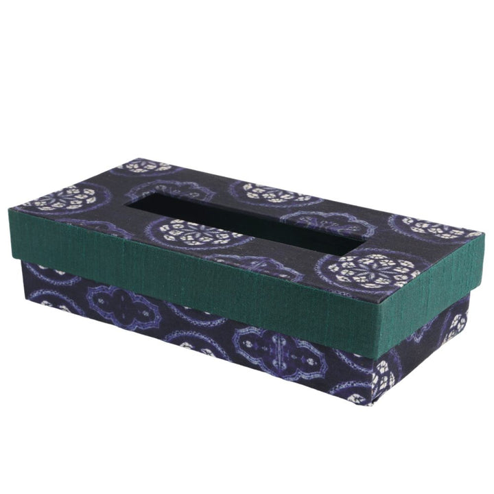 Indha Tissue Box | Handcrafted Tissue Box Blue &amp; Green | Navy Blue and Green Dupion Silk Tissue Box | White Floral Mandala Design Motif Digitally Printed | 50 Papers Tissue Box |