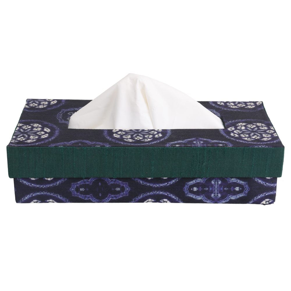 Indha Tissue Box | Handcrafted Tissue Box Blue &amp; Green | Navy Blue and Green Dupion Silk Tissue Box | White Floral Mandala Design Motif Digitally Printed | 50 Papers Tissue Box |
