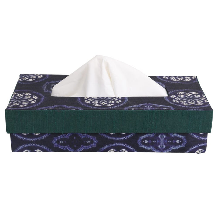Indha Tissue Box | Handcrafted Tissue Box Blue &amp; Green | Navy Blue and Green Dupion Silk Tissue Box | White Floral Mandala Design Motif Digitally Printed | 50 Papers Tissue Box |