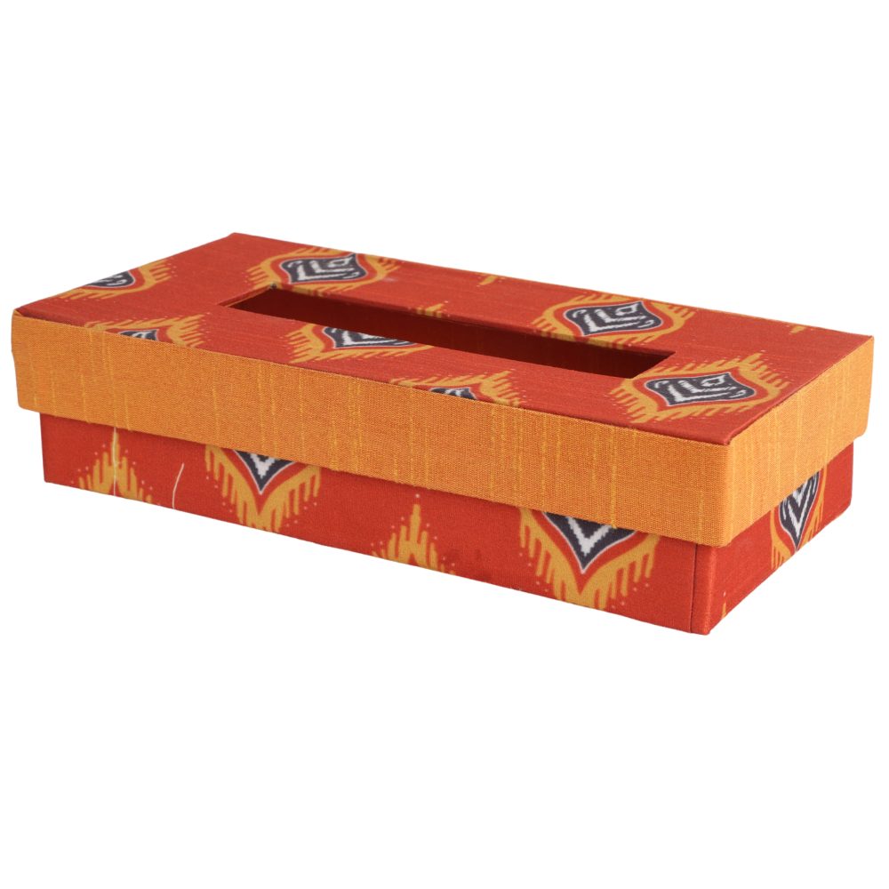 Indha Tissue Box | Handcrafted Tissue Box Orange | Red And Orange Dupion Silk Tissue Box | Blue And Yellow Flame Design Motif Digitally Printed | 50 Papers Tissue Box