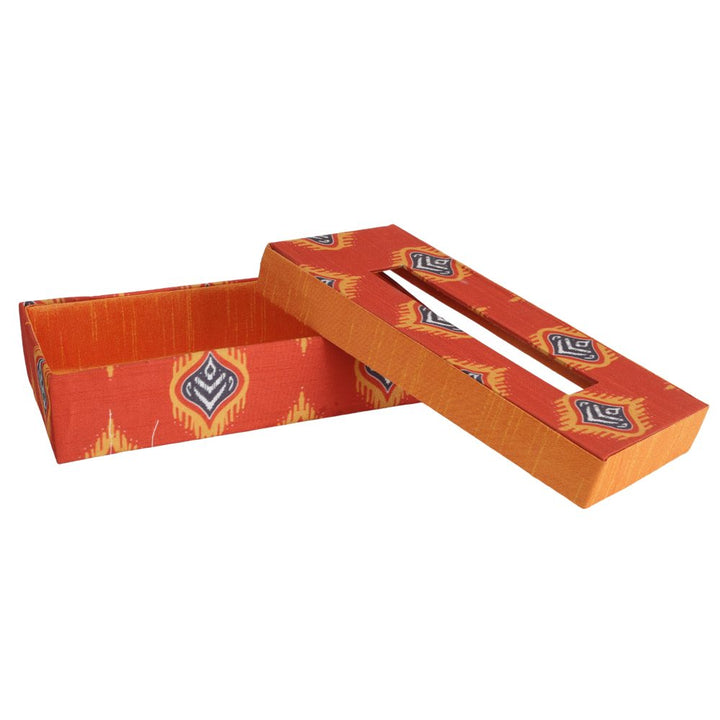 Indha Tissue Box | Handcrafted Tissue Box Orange | Red And Orange Dupion Silk Tissue Box | Blue And Yellow Flame Design Motif Digitally Printed | 50 Papers Tissue Box