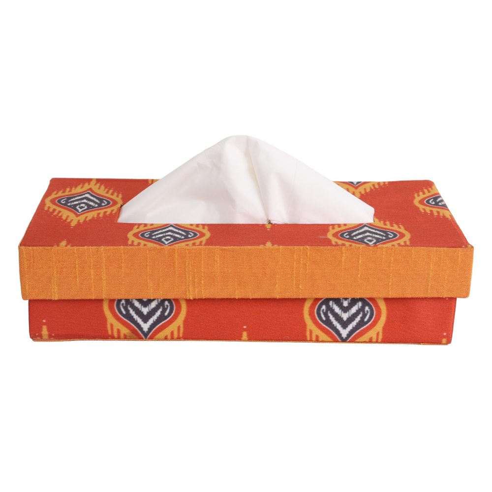 Indha Tissue Box | Handcrafted Tissue Box Orange | Red And Orange Dupion Silk Tissue Box | Blue And Yellow Flame Design Motif Digitally Printed | 50 Papers Tissue Box