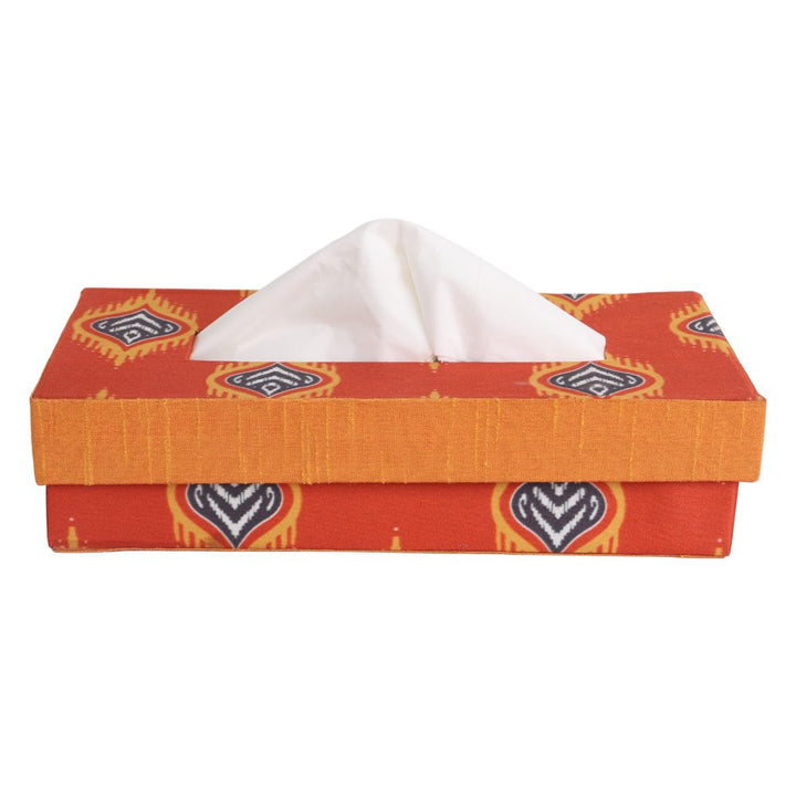 Indha Tissue Box | Handcrafted Tissue Box Orange | Red And Orange Dupion Silk Tissue Box | Blue And Yellow Flame Design Motif Digitally Printed | 50 Papers Tissue Box