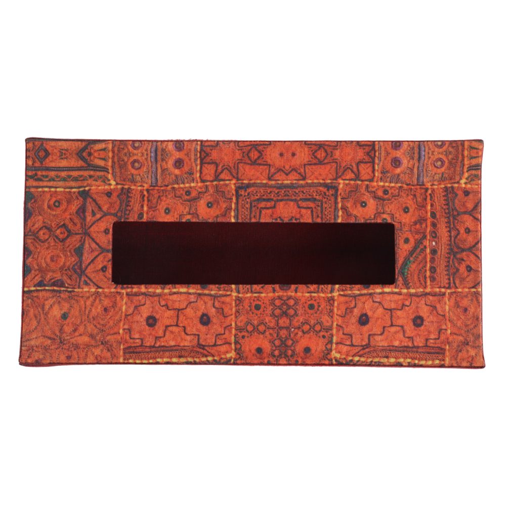 Indha Tissue Box | Handcrafted Tissue Box Orange &amp; Red | Orange and Red Dupion Silk Tissue Box | Black Indian Ethnic Traditional Design Pattern Digitally Printed | 50 Papers Tissue Box |