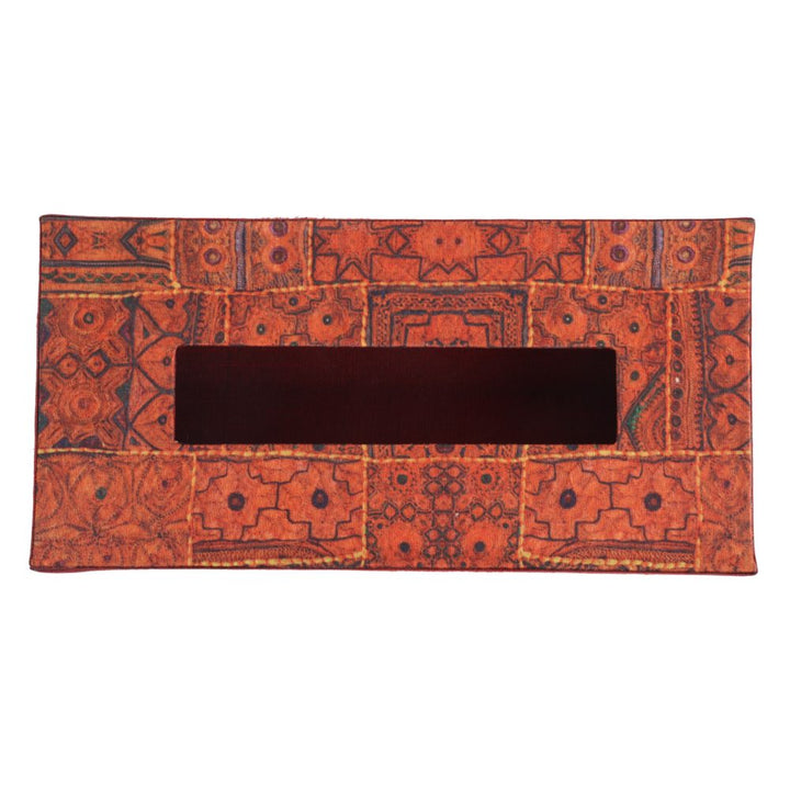 Indha Tissue Box | Handcrafted Tissue Box Orange &amp; Red | Orange and Red Dupion Silk Tissue Box | Black Indian Ethnic Traditional Design Pattern Digitally Printed | 50 Papers Tissue Box |