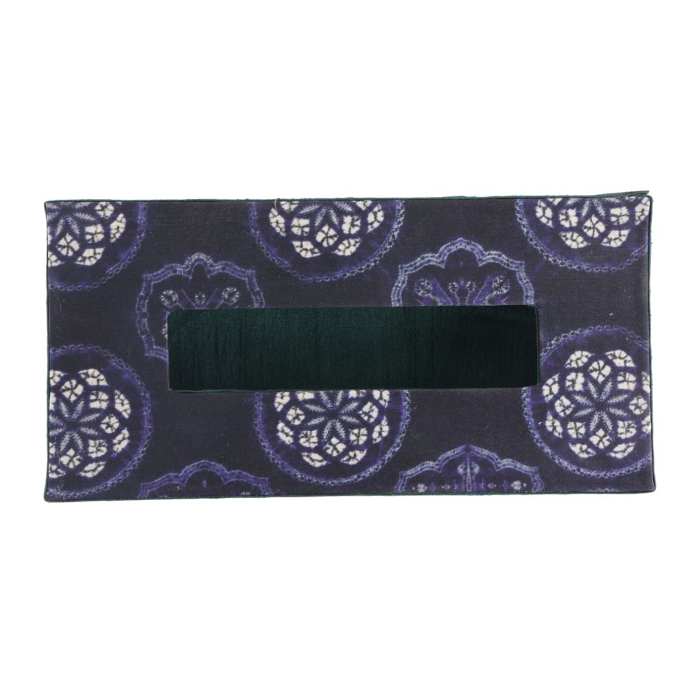 Indha Tissue Box | Handcrafted Tissue Box Blue &amp; Green | Navy Blue and Green Dupion Silk Tissue Box | White Floral Mandala Design Motif Digitally Printed | 50 Papers Tissue Box |