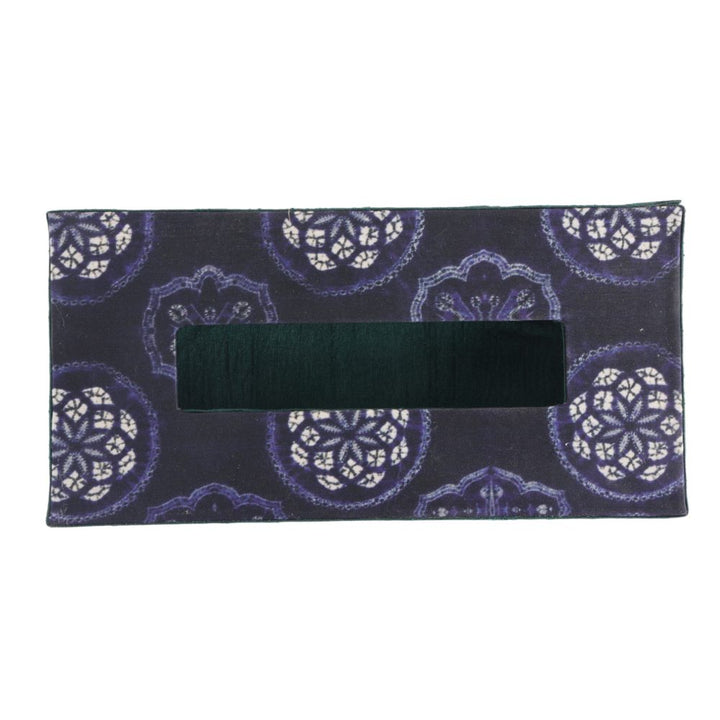 Indha Tissue Box | Handcrafted Tissue Box Blue &amp; Green | Navy Blue and Green Dupion Silk Tissue Box | White Floral Mandala Design Motif Digitally Printed | 50 Papers Tissue Box |