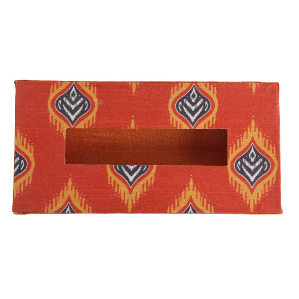 Indha Tissue Box | Handcrafted Tissue Box Orange | Red And Orange Dupion Silk Tissue Box | Blue And Yellow Flame Design Motif Digitally Printed | 50 Papers Tissue Box